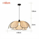 Black and White Rattan Flower Lamp Shade dimensions and design, showcasing a minimalist LED chandelier.
