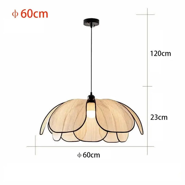 Black and White Rattan Flower Lamp Shade dimensions and design, showcasing a minimalist LED chandelier.