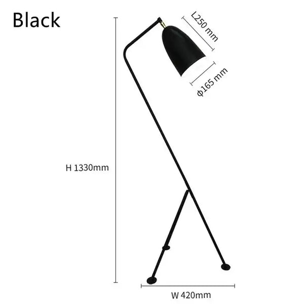 Danish Designer Grasshopper Floor Lamps in black, showcasing dimensions and sleek design.