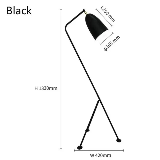 Danish Designer Grasshopper Floor Lamps in black, showcasing dimensions and sleek design.
