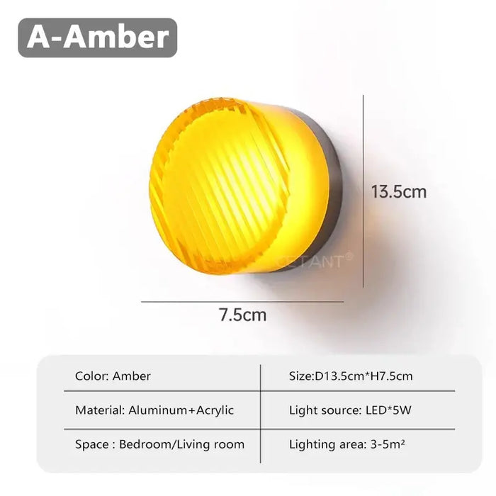 Futuristic and Unique Solid Plexiglass Wall Light with amber LED, industrial design, perfect for bedroom or living room.
