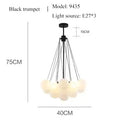 Contemporary Frosted Glass Ball & Gold Chain Chandelier with black trumpet design and multiple glass balls.