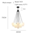 Contemporary Frosted Glass Ball & Gold Chain Chandelier with black trumpet design and multiple glass balls.