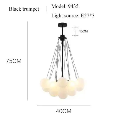 Contemporary Frosted Glass Ball & Gold Chain Chandelier with black trumpet design and multiple glass balls.
