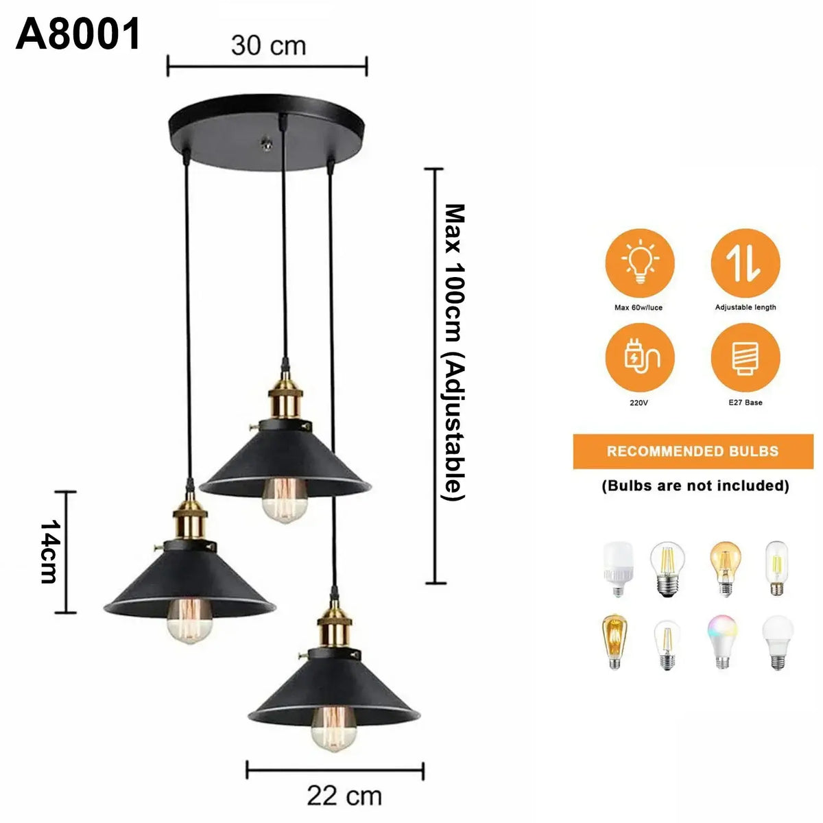 Suspension grappe 3 lumières noire – Abat-jours cônes industriels