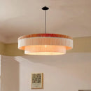 French Retro Grand Fringe Pendant Light – 80cm Vintage Beige Statement Chandelier illuminating a room with ambient glow.