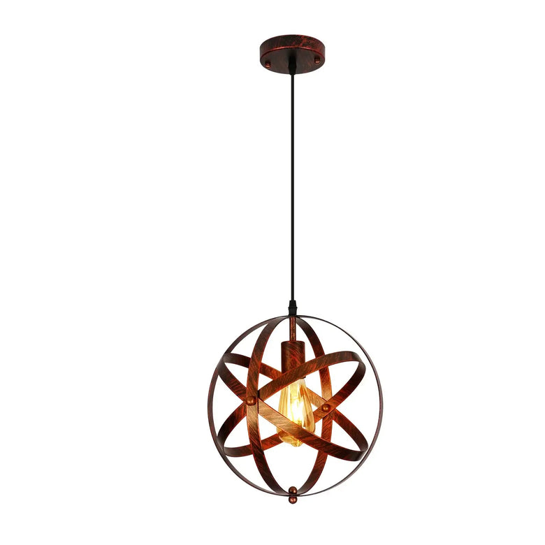 Pendant light with spherical metal shade on a white background