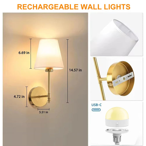 Classic cordless wall sconces with dimensions and USB-C charging details