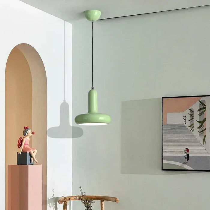 60s Scandinavian Style Kitchen Pendant Lamp in green color, enhancing a trendy kitchen space with modern decor.