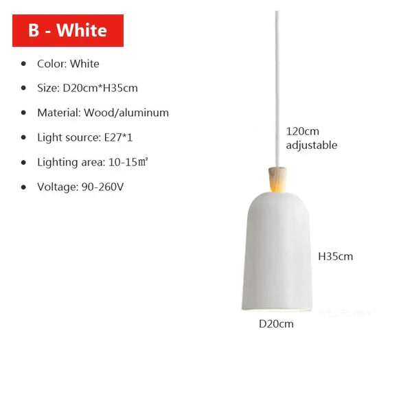 Colourful, modern, metal Danish Light Pendant in white, made from wood and aluminum, adjustable height 35cm.