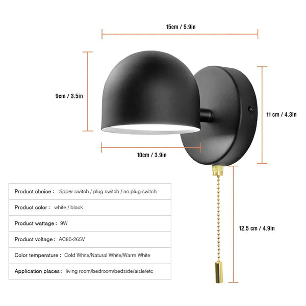 Semi-Sphere Switch or Plug Wall Lights in black with dimensions and specifications for modern living spaces