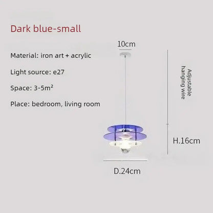 Space Age Acrylic Colorful Pendant Light with dark blue acrylic disks and adjustable wire hanging.