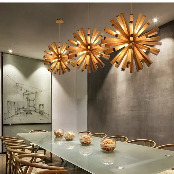 Solid Wood Oak Chandelier: Explosive Ball LED Light Fixture for Modern Living enhancing the dining space.