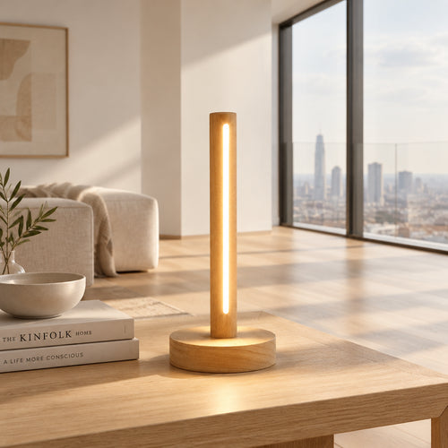 Wooden desk lamp on a table with a laptop and decorative items in the background