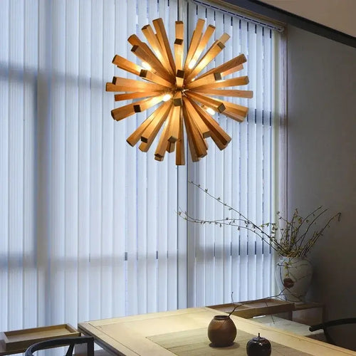 Solid Wood Oak Chandelier: Explosive Ball LED Light Fixture for Modern Living hanging in a modern dining area.