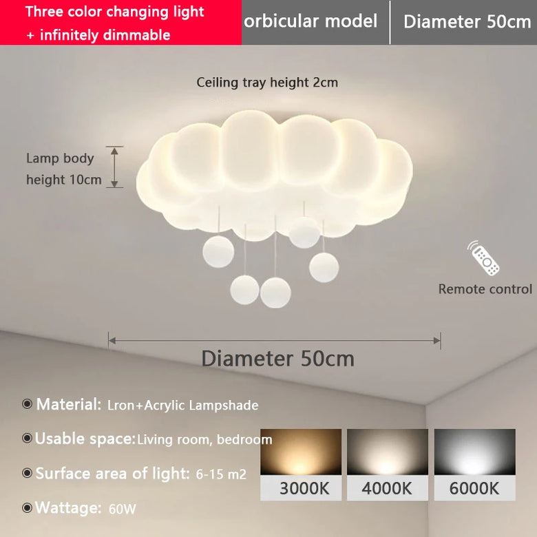 Ceiling light fixture with cloud design, dimensions, and color temperature options on a gray background.