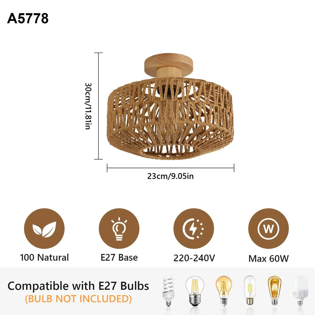 Hand-Woven Rattan Ceiling Light with Metal Base
