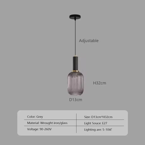 Pendant Light: Modern Nordic Glass Hanging Lighting Fixtures in grey with adjustable height and wrought iron/glass design.
