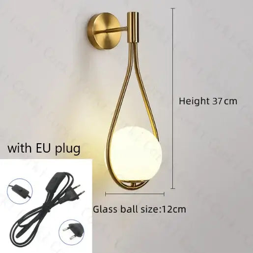 Drop Luxury Glass Ball Wall lamp featuring a modern design with a glass ball and EU plug, height 37cm, ideal for elegant interiors.