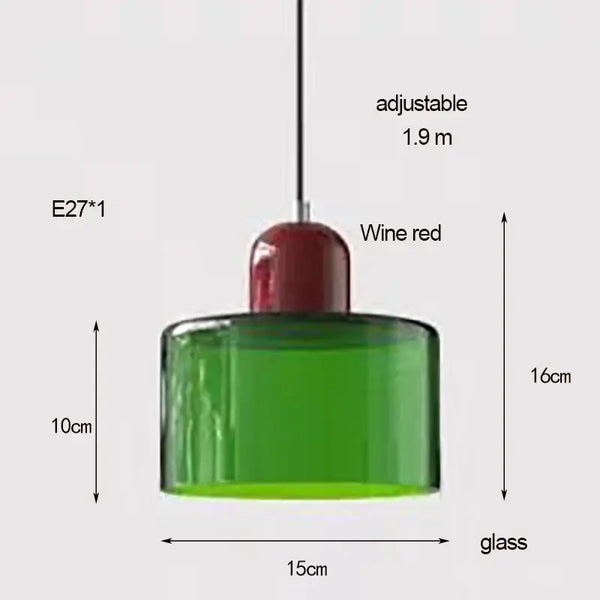 Colourful Glass Pendant (15cm x 16cm) in green glass with wine red holder, adjustable 1.9m, ideal for modern spaces.
