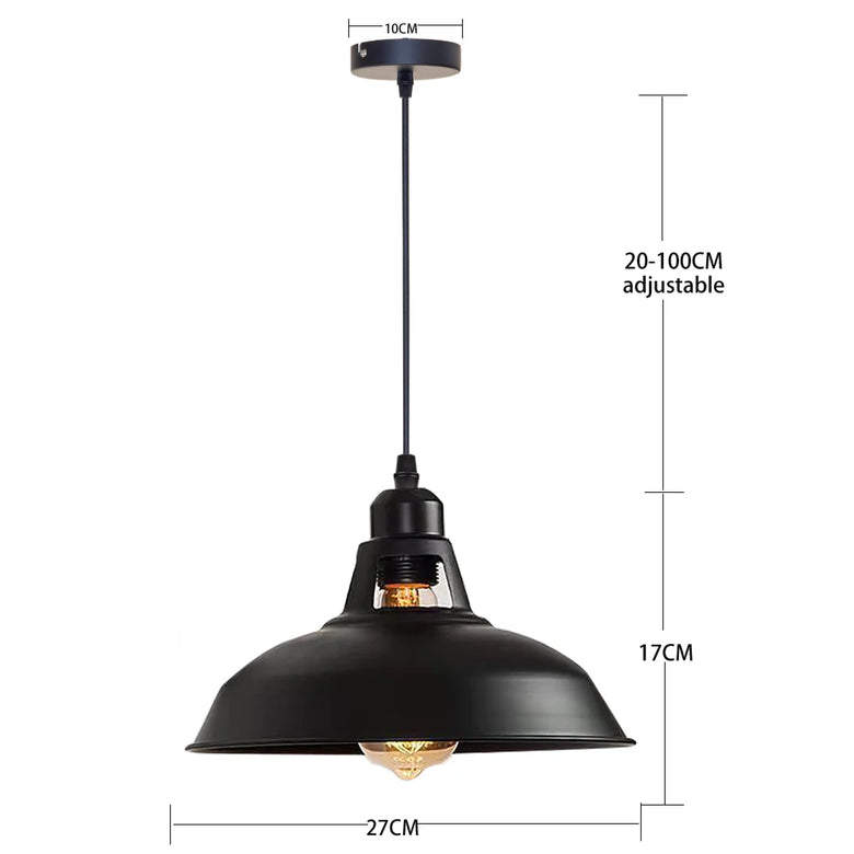 Black pendant light with adjustable dimensions on a white background