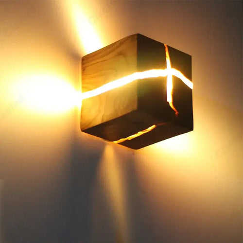 Natural Wood Wall Lights showcasing unique design with solid wood and resin for beautiful light diffusion.