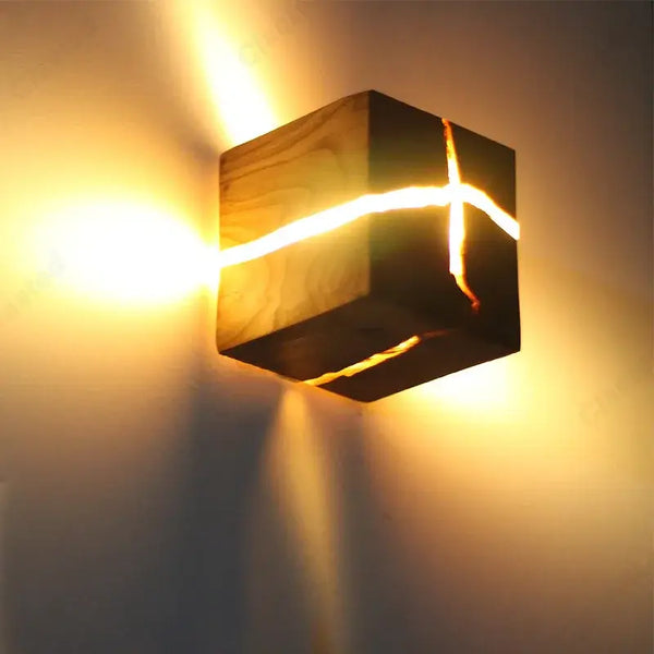 Natural Wood Wall Lights showcasing unique design with solid wood and resin for beautiful light diffusion.
