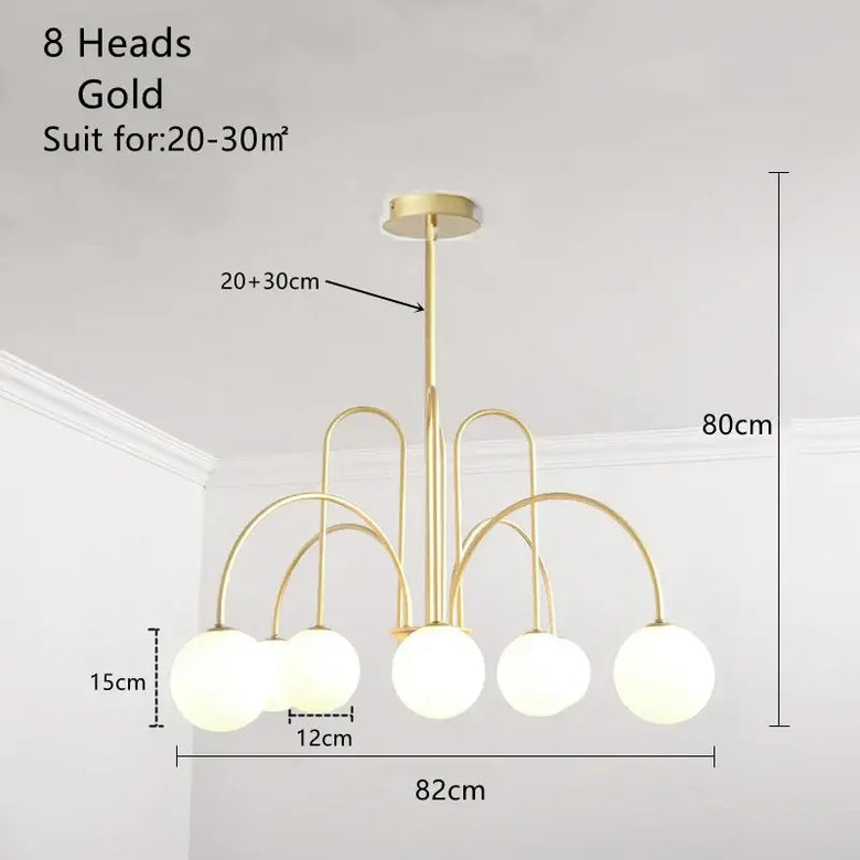 Modern Magic Beans 4-Head Gold LED Chandelier – Sophisticated Ceiling Light with 8 heads and frosted glass globes.
