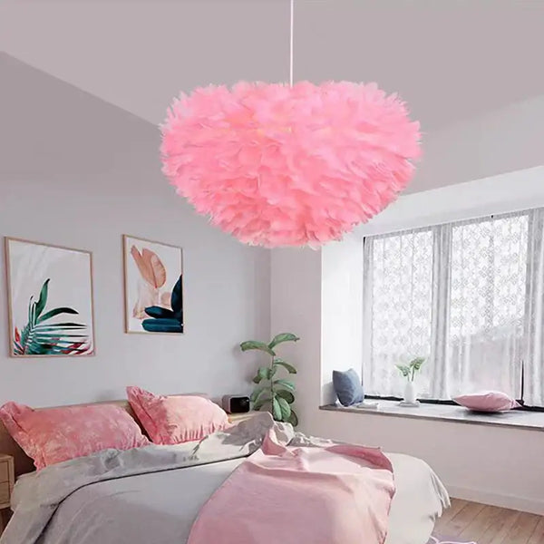 Goose Feather Pendant Chandelier – Soft Modern Lighting for Bedroom, Living Room or Boutique in pink decor.