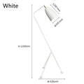 Danish Designer Grasshopper Floor Lamps in white, showcasing stylish retro design and dimensions.