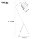 Danish Designer Grasshopper Floor Lamps in white, showcasing stylish retro design and dimensions.
