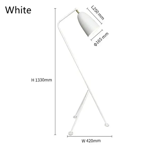 Danish Designer Grasshopper Floor Lamps in white, showcasing stylish retro design and dimensions.