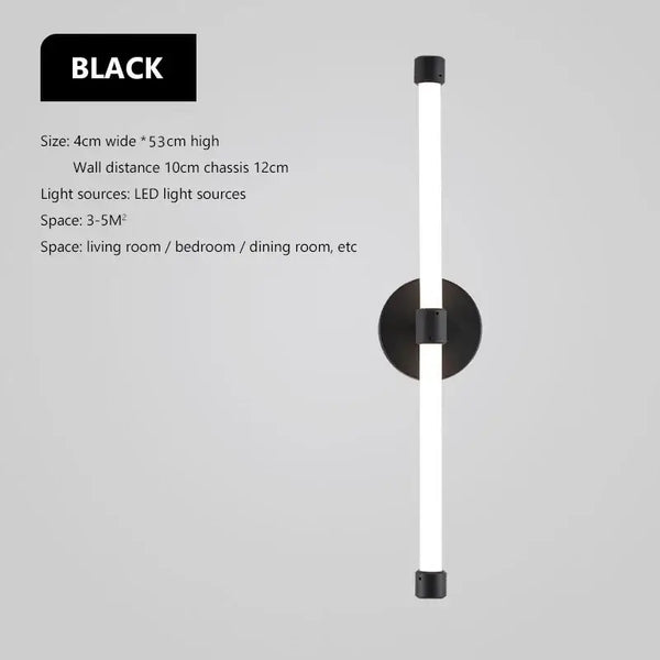 Postmodern Tube Pipe  Wall Light black design, 4cm wide, 53cm high, LED lighting for contemporary living spaces.