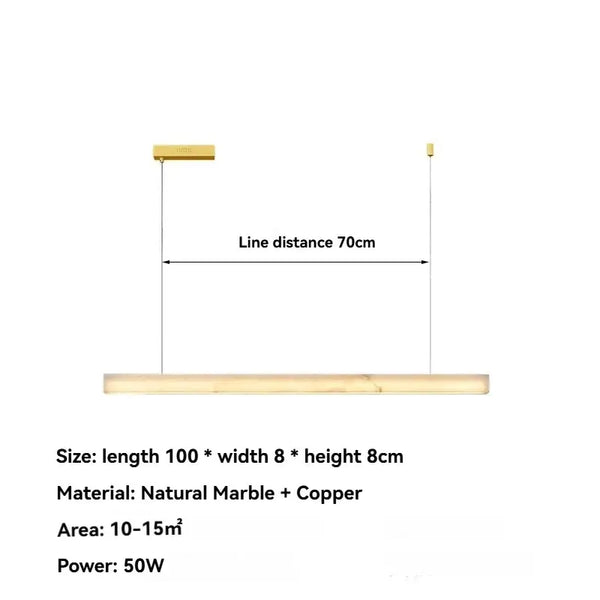 Natural Marble Linear Pendant Light 80–120cm showcasing dimensions and materials in a sleek design.