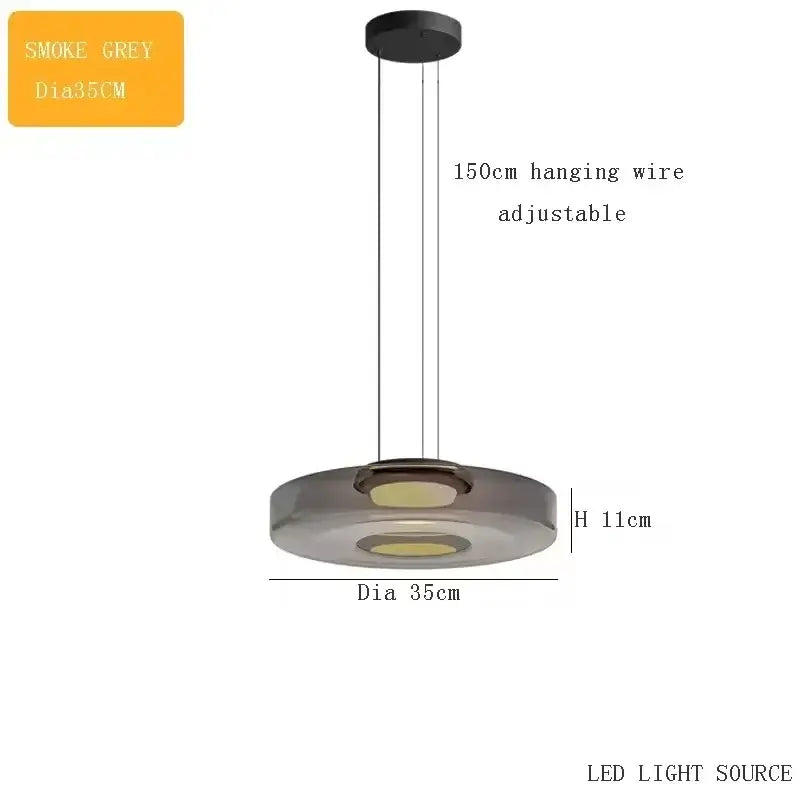 Layered Glass Pendant Light – Modern Amber, Green or Smoke Grey LED Suspension in Smoke Grey, 35cm, adjustable wire.