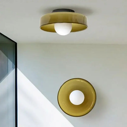 Retro Glass Disc Ceiling Light – Colourful Nordic Flush Mount Fixture for Hallways and Bedrooms in a stylish setting.