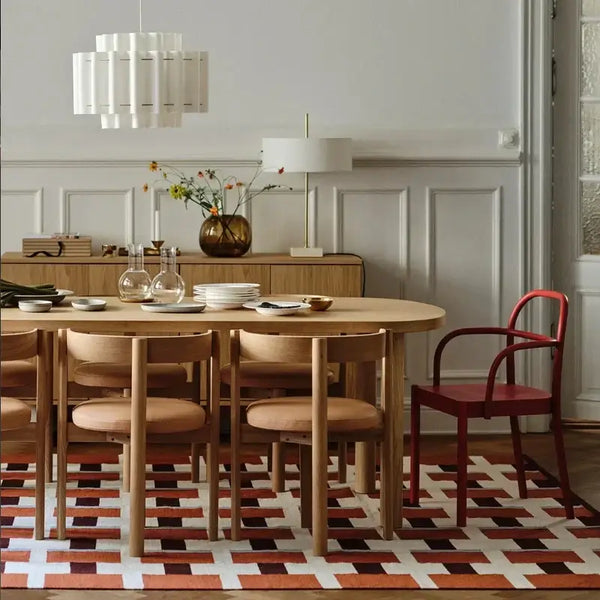 Nordic Wabi-Sabi Fabric Pendant Light 50cm hanging above a dining table in an elegant setting.