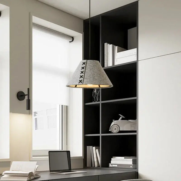 Modern Felt Pendant Lamp – Playful Stitch-Detail Chandelier for Dining Rooms, Bedrooms & Hotels hanging in a stylish workspace.
