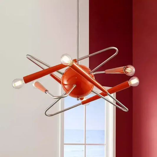 60s Red Sputnik Chandelier in vibrant red-orange, showcasing mid-century modern design.