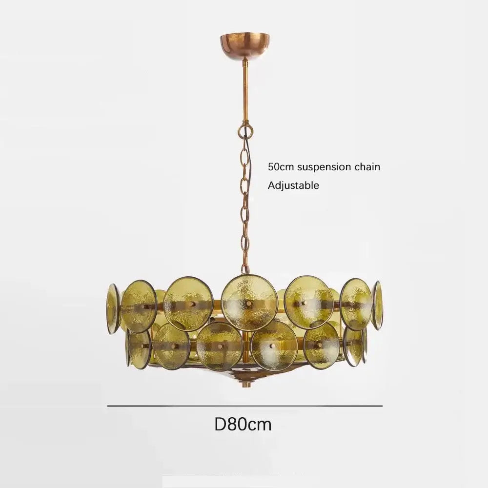 Luxurious Glass Disc Chandelier – 50s Chic with amber glass discs and adjustable 50cm chain suspension, perfect for elegant interiors.