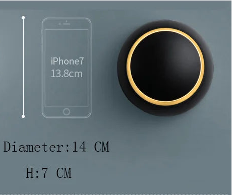 Two round light fixtures with dimensions indicated next to an iPhone 7 for scale.
