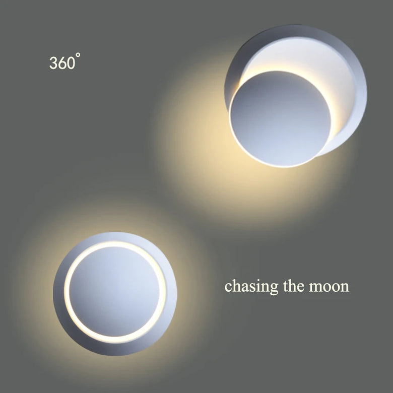 Two round wall lights with a 360-degree feature and 'chasing the moon' text on a dark background.