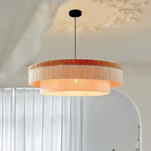 French Retro Grand Fringe Pendant Light – 80cm Vintage Beige Statement Chandelier in elegant living space