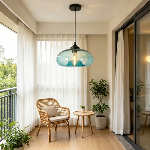 Sky blue glass dome pendant light in a bright sunroom