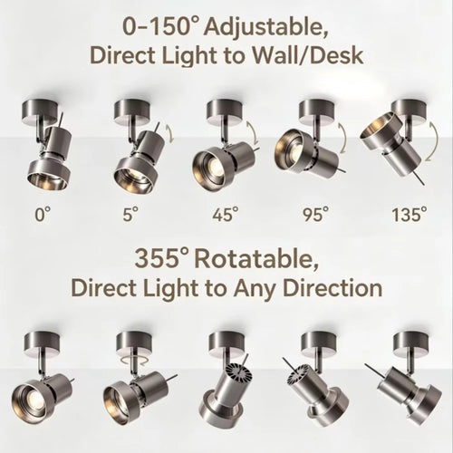 Informational product graphic showing multiple views of a brushed silver spotlight fixture with text reading '0-150° Adjustable, Direct Light to Wall/Desk' and '355° Rotatable, Direct Light to Any Direction,' plus angle labels 0°, 5°, 45°, 95°, 135° and 355°.