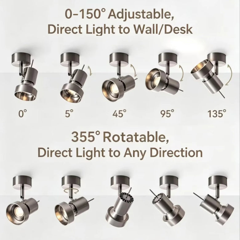 Informational product graphic showing multiple views of a brushed silver spotlight fixture with text reading '0-150° Adjustable, Direct Light to Wall/Desk' and '355° Rotatable, Direct Light to Any Direction,' plus angle labels 0°, 5°, 45°, 95°, 135° and 355°.