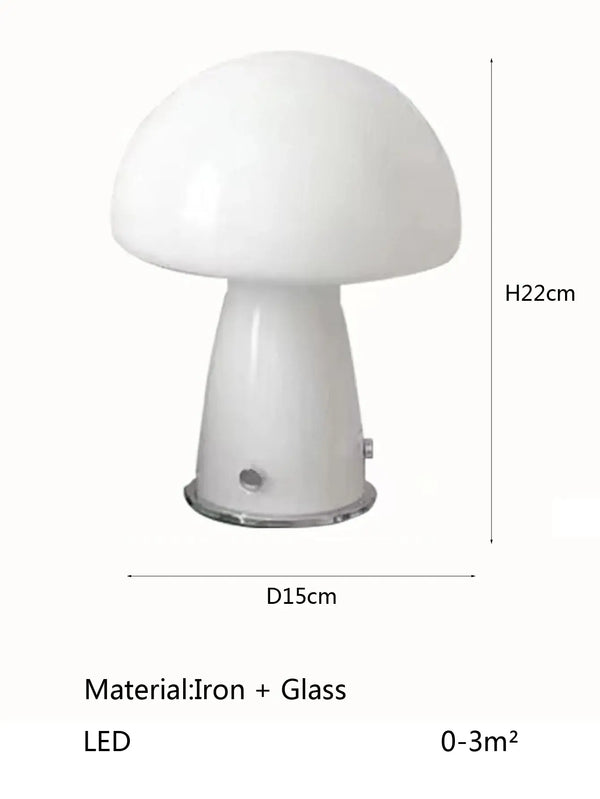 Nordic Mushroom Table Lamp – Retro-Inspired Glass & Iron Mood Light in white glass finish with iron base.