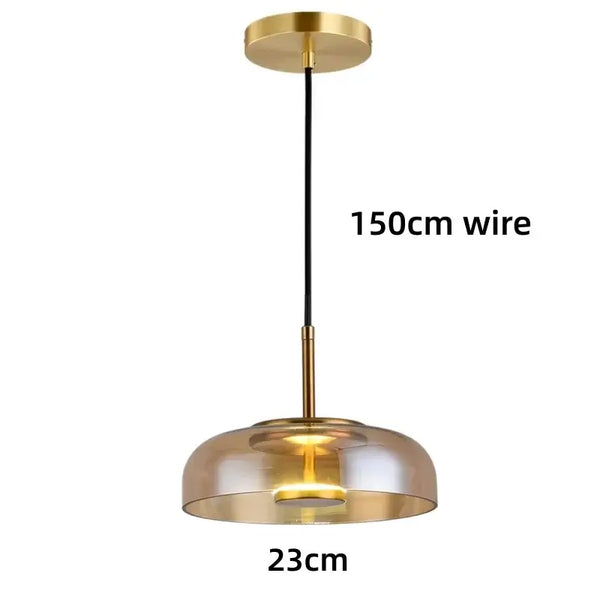 Retro 80s Transparent Large Pendant Lamp with gold accents and a transparent glass shade, 150cm wire length and 23cm diameter.