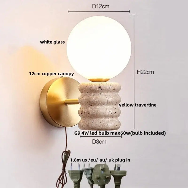 Modern Travertine and Wood Wall Light with Pull Chain – Nordic Style LED Fixture with white glass and yellow travertine.