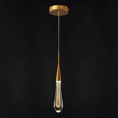 Gold mini teardrop pendant light with a gold metal ceiling plate and slim cone, holding a clear bubble-effect teardrop shade, against a black background